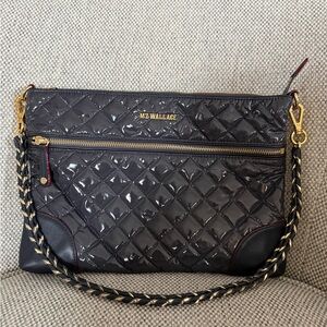 MZ Wallace Gray Lacquer Metro Quilted Crossbody Bag with Gold Accents